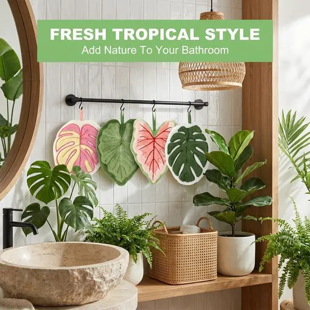 Alt view image 5 of 7 - 4 Pack Hanging Leaf Hand Towels, Soft Absorbent Coral Fleece Kitchen Towels, Cute Hand Towels for Bathroom and Kitchen Decor, Quick Drying Hanging Washcloths