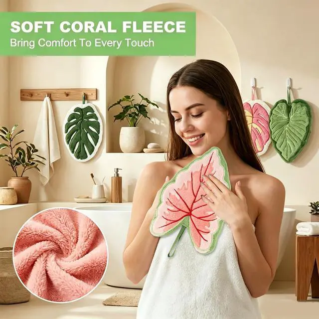 Alt view image 6 of 7 - 4 Pack Hanging Leaf Hand Towels, Soft Absorbent Coral Fleece Kitchen Towels, Cute Hand Towels for Bathroom and Kitchen Decor, Quick Drying Hanging Washcloths