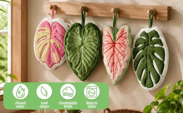 Alt view image 7 of 7 - 4 Pack Hanging Leaf Hand Towels, Soft Absorbent Coral Fleece Kitchen Towels, Cute Hand Towels for Bathroom and Kitchen Decor, Quick Drying Hanging Washcloths