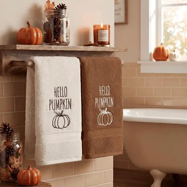 Alt view image 3 of 7 - 2 Pcs Caramel Beige Hello Pumpkin Fall Embroidered Hand Towels for Bathroom, 100% Cotton Soft Absorbent Farmhouse Decor Towels, 13.7 x 29.5 Inch