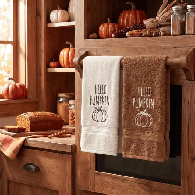 Alt view image 4 of 7 - 2 Pcs Caramel Beige Hello Pumpkin Fall Embroidered Hand Towels for Bathroom, 100% Cotton Soft Absorbent Farmhouse Decor Towels, 13.7 x 29.5 Inch