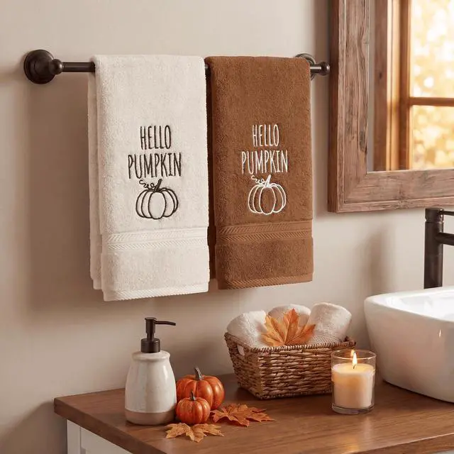 Alt view image 2 of 7 - 2 Pcs Caramel Beige Hello Pumpkin Fall Embroidered Hand Towels for Bathroom, 100% Cotton Soft Absorbent Farmhouse Decor Towels, 13.7 x 29.5 Inch