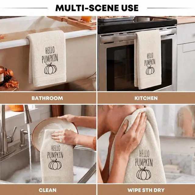 Alt view image 5 of 7 - 2 Pcs Caramel Beige Hello Pumpkin Fall Embroidered Hand Towels for Bathroom, 100% Cotton Soft Absorbent Farmhouse Decor Towels, 13.7 x 29.5 Inch