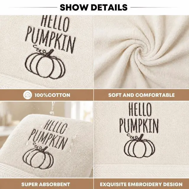 Alt view image 6 of 7 - 2 Pcs Caramel Beige Hello Pumpkin Fall Embroidered Hand Towels for Bathroom, 100% Cotton Soft Absorbent Farmhouse Decor Towels, 13.7 x 29.5 Inch