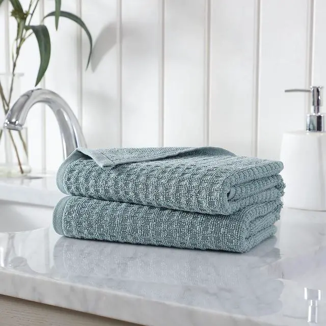 Alt view image 2 of 7 - Hand Towels, Plush Cotton Bathroom Towels with Dobby Waffle Texture, Zero Twist Construction, Highly Absorbent & Quick-Dry Design, Set of 2 (Dark Green Blue)