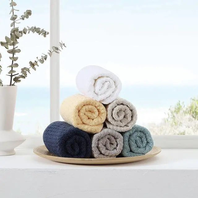 Alt view image 6 of 7 - Hand Towels, Plush Cotton Bathroom Towels with Dobby Waffle Texture, Zero Twist Construction, Highly Absorbent & Quick-Dry Design, Set of 2 (Dark Green Blue)
