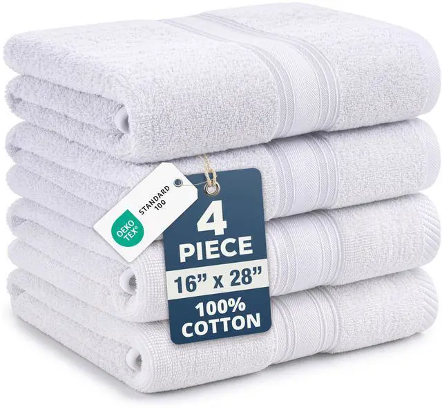 Main image of White Hand Towels for Bathroom - Pack of 4 (16"x28") 100% Cotton Hand & Face Towels - Soft, Durable, Quick Dry & Highly Absorbent, Fingertip Towel for Bathroom - Great for Gym, Salon, Spa & Family Use