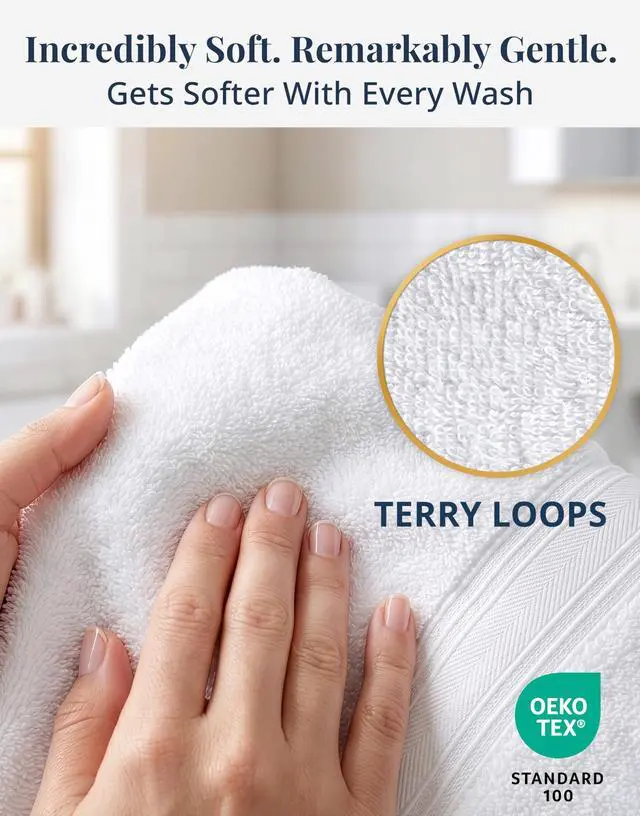 Alt view image 2 of 7 - White Hand Towels for Bathroom - Pack of 4 (16"x28") 100% Cotton Hand & Face Towels - Soft, Durable, Quick Dry & Highly Absorbent, Fingertip Towel for Bathroom - Great for Gym, Salon, Spa & Family Use
