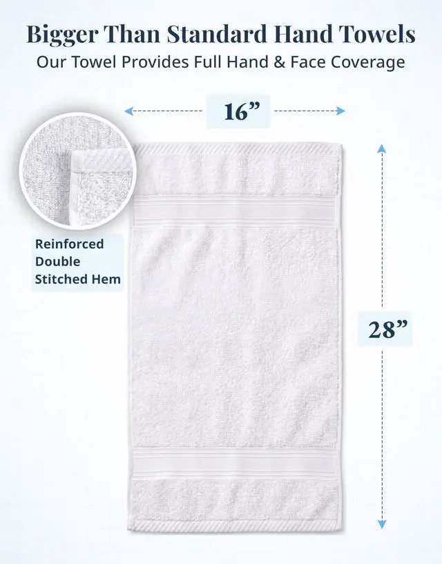 Alt view image 3 of 7 - White Hand Towels for Bathroom - Pack of 4 (16"x28") 100% Cotton Hand & Face Towels - Soft, Durable, Quick Dry & Highly Absorbent, Fingertip Towel for Bathroom - Great for Gym, Salon, Spa & Family Use