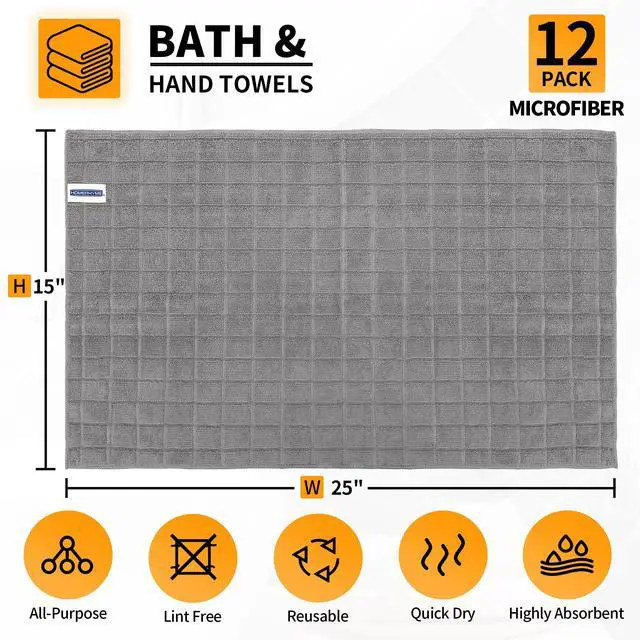 Alt view image 2 of 7 - Hand Towels, 12 Pack 25''*15'' Gym Towels, Grey Quick Dry Lint Free Soft Absorbent Bulk Checkered Fingertip Washcloths Bath Towels for Bathroom Kitchen Salon Workout Shower
