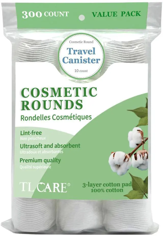 Main image of Cotton Rounds (300 Count) with Travel Canister - Lint-Free, Ultra Soft & Absorbent 3-Layer Cotton Pads for Face and Makeup Removal