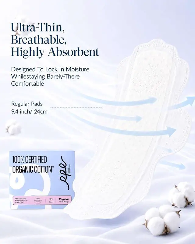 Alt view image 3 of 7 - 100% GOTS Organic Cotton Period Pads with Wings, Size 3, 18 Count