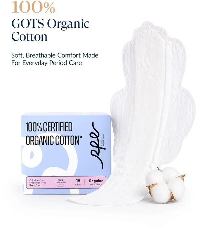 Alt view image 2 of 7 - 100% GOTS Organic Cotton Period Pads with Wings, Size 3, 18 Count