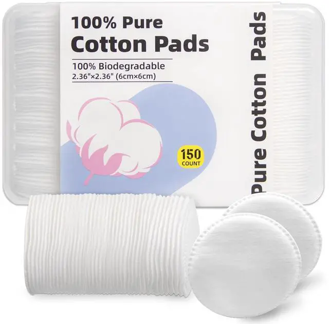 Main image of Boxed 100% Cotton Rounds for Face (150), Dual-Texture, Soft, Lint-Free Makeup Remover Pads, Hypoallergenic, Highly Absorbent