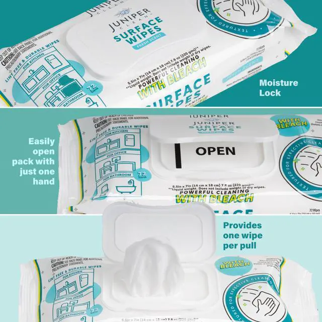 Alt view image 4 of 7 - CLEAN 1 Pack Surface Wipes with Bleach, All-Purpose Cleaner for Bathroom, Kitchen, Office, 72 Count Soft Flow, Fresh Scent, Lint Free & Durable