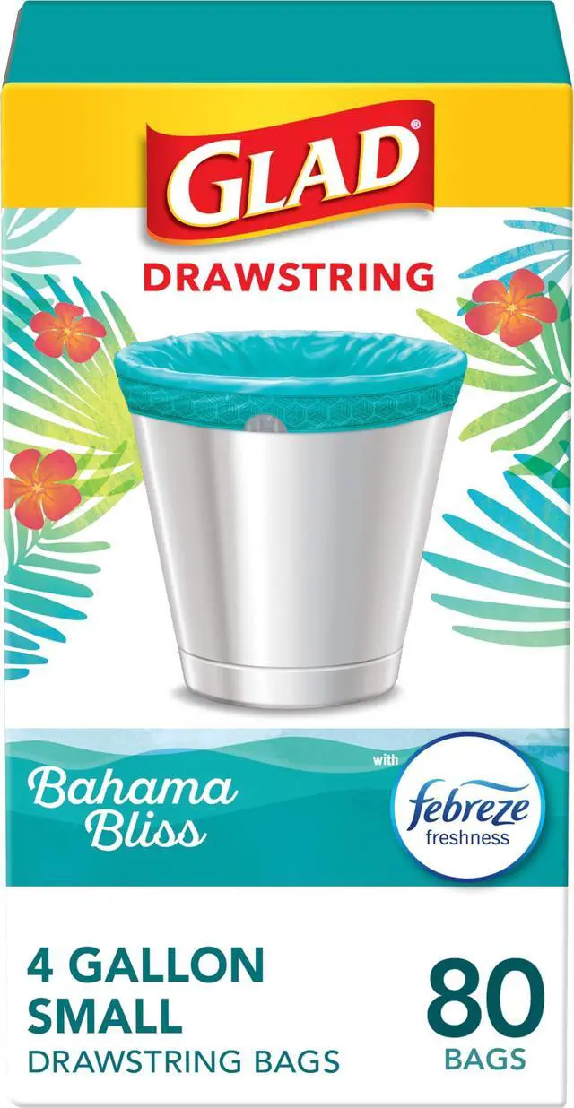 Main image of Small Trash Bags, Great for Office, Bathrooms and Bedroom Bins, Bahama Bliss Scented Garbage Bags, Odor Resistant with Drawstring, Febreze Freshness, 4 Gallon Trash Bags, 80 Count