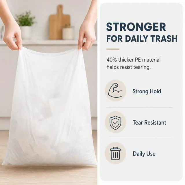 Alt view image 2 of 6 - 8 Gal Trash Bags, 60 Count, Flat Top Kitchen Garbage Bags, Heavy Duty,White