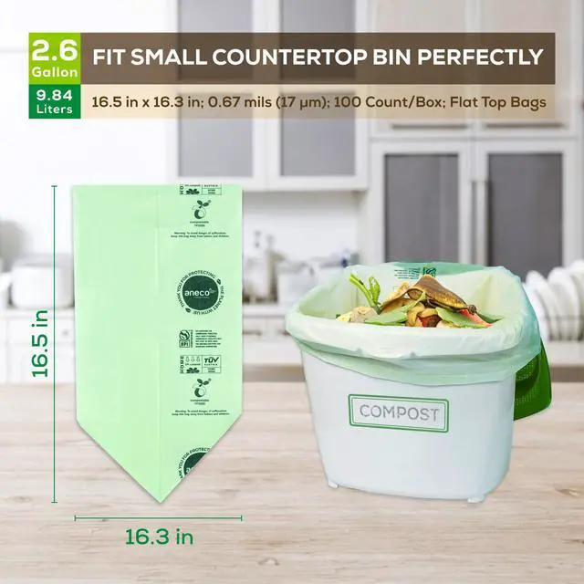 Alt view image 6 of 6 - 100% Compostable Waste Bags 2.6 Gallon (Flat Top Bags, 50 Count) Extra Strong Kitchen Small Compost Bags for Countertop Bin (BPI & OK Compost HOME Certified)