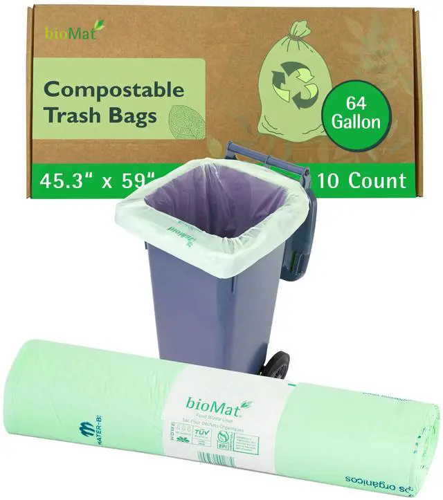Main image of Compostable Trash Bags 64 Gallon, 10 Count, Extra Large flat top Kitchen Food Scrap Bin Liners, BPI, CMA and OK Compost HOME certified, Meets the ASTM D6400 Standard