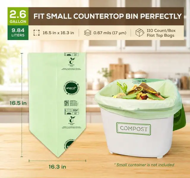 Alt view image 7 of 7 - (Include 10 Bonus Bags) 100% Compostable Waste Bags 2.6 Gallon, Extra Thick Kitchen Small Compost Bags for Countertop Bin, 110 Count (100 + 10 Extra)
