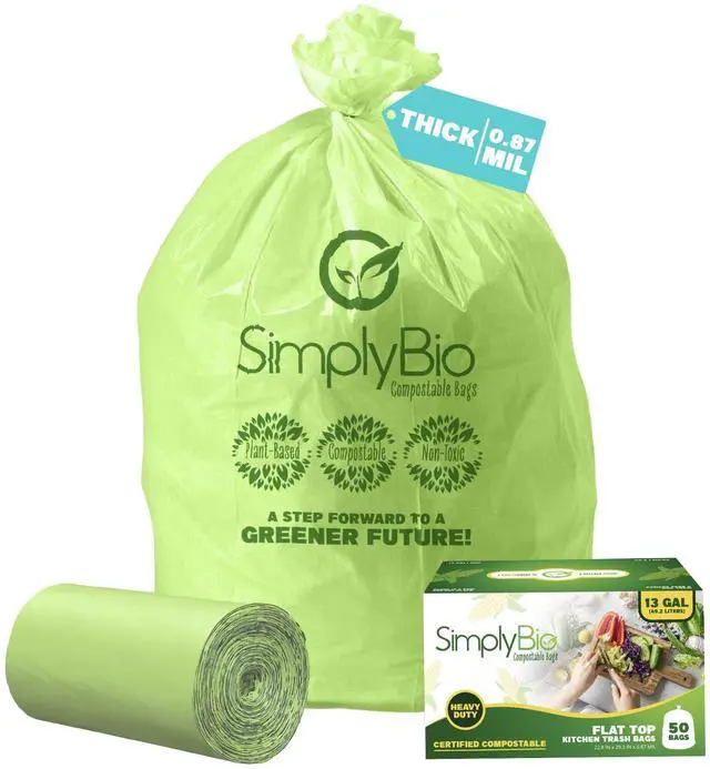Main image of 13 Gallon Compostable Trash Bags Liners with Flat-Top, Thick 0.87 Mil, 49.21 Liter, 50 Bags, Tall Kitchen Food Scrap Waste Bag, ASTM D6400, US BPI and OK Compost Home Certified