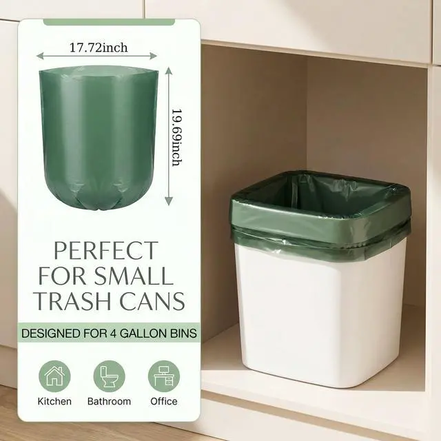 Alt view image 2 of 7 - 4 Gallon Small Trash Bags, 80 Pieces Thick Small Green Garbage Bags with Flat Tops Small Bathroom Trash Bags Ideal for Bedrooms, Kitchens, and Offices