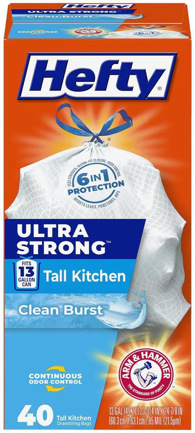 Main image of Hefty Ultra Strong 13 Gallon Trash Bags, Tall Kitchen Trash Bags 13 Gallon Size, Drawstring Closure, Continuous Odor Control, White, Clean Burst Scent, 40 Bags