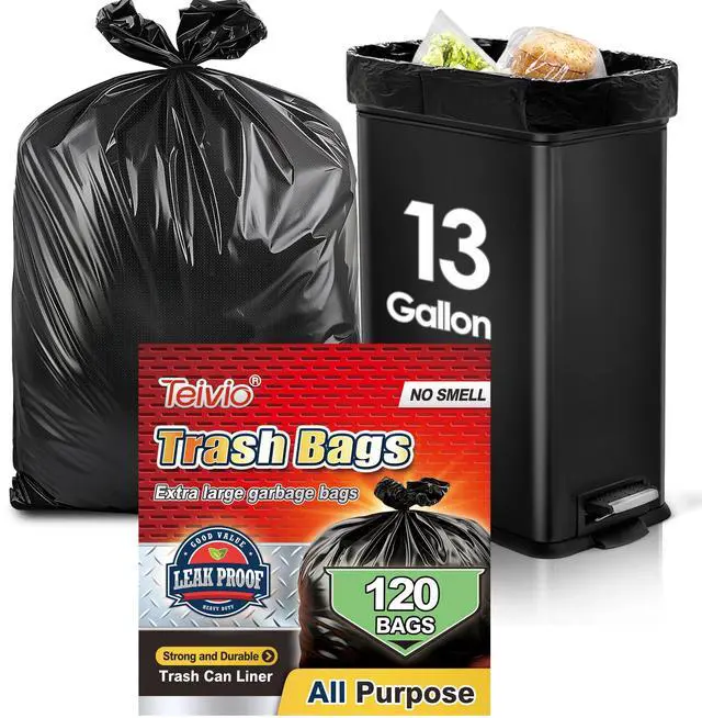 Main image of 13 Gallon 120 Count Tall Kitchen Trash Bags 10 Gal 12 Gal 13 Gal fit 50 liter Garbage Bags, Waste Basket Bags,Bathroom Trash Can Bin Liners, Plastic Bags for home office kitchen, Black