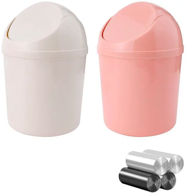 Main image of 2 Pcs Plastic Mini Wastebasket Trash Can with Swing Lid with 120 Trash Bags, Tiny Desktop Waste Garbage Bin for Home, Office, Kitchen, Vanity Tabletop, Bedroom, Bathroom (Pink + Beige)