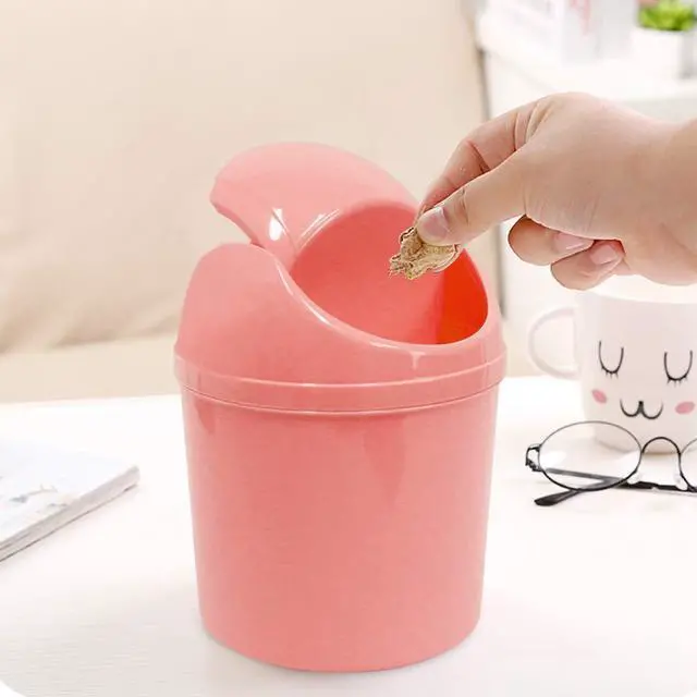 Alt view image 3 of 6 - 2 Pcs Plastic Mini Wastebasket Trash Can with Swing Lid with 120 Trash Bags, Tiny Desktop Waste Garbage Bin for Home, Office, Kitchen, Vanity Tabletop, Bedroom, Bathroom (Pink + Beige)