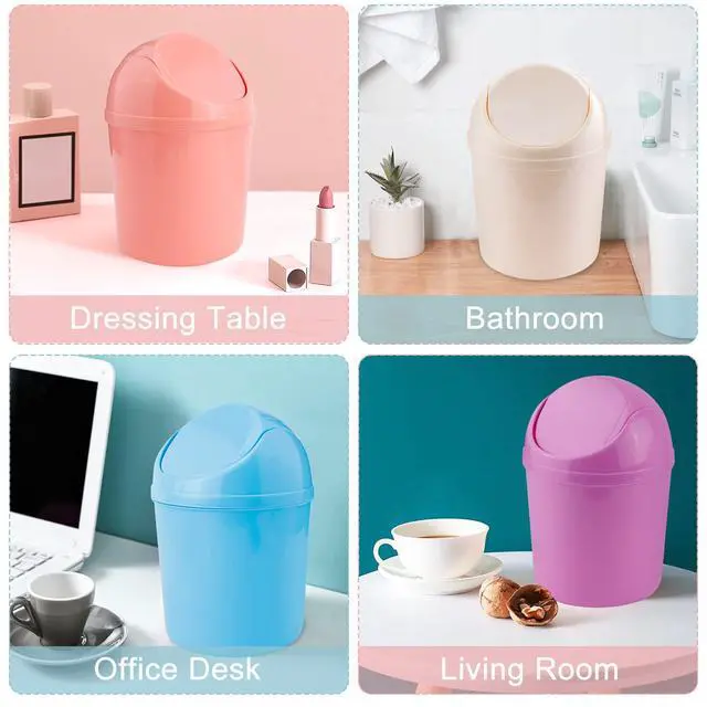 Alt view image 4 of 6 - 2 Pcs Plastic Mini Wastebasket Trash Can with Swing Lid with 120 Trash Bags, Tiny Desktop Waste Garbage Bin for Home, Office, Kitchen, Vanity Tabletop, Bedroom, Bathroom (Pink + Beige)