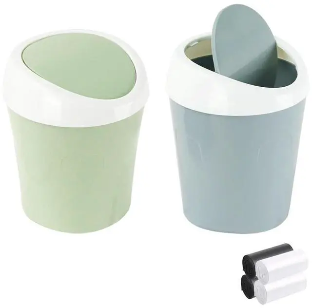 Main image of 2 Pcs Plastic Mini Wastebasket Trash Can with 120 Trash Bags, Tiny Desktop Waste Garbage Bin with Swing Lid for Home, Office, Kitchen, Vanity Tabletop, Bedroom, Bathroom (Blue + Green)
