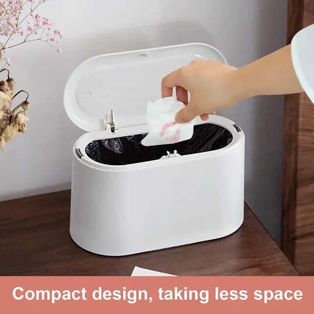 Alt view image 3 of 7 - Mini Desk Trash Can with Lid with 90 Pcs Trash Bag, Lint Bin 0.5 Gallon Countertop Waste Bin for Table Tiny Garbage Can for Office Bedroom (White)