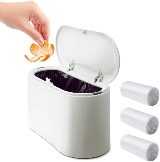 Main image of Mini Desk Trash Can with Lid with 90 Pcs Trash Bag, Lint Bin 0.5 Gallon Countertop Waste Bin for Table Tiny Garbage Can for Office Bedroom (White)