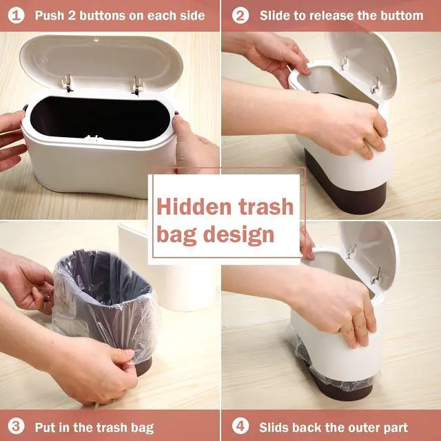 Alt view image 4 of 7 - Mini Desk Trash Can with Lid with 90 Pcs Trash Bag, Lint Bin 0.5 Gallon Countertop Waste Bin for Table Tiny Garbage Can for Office Bedroom (White)