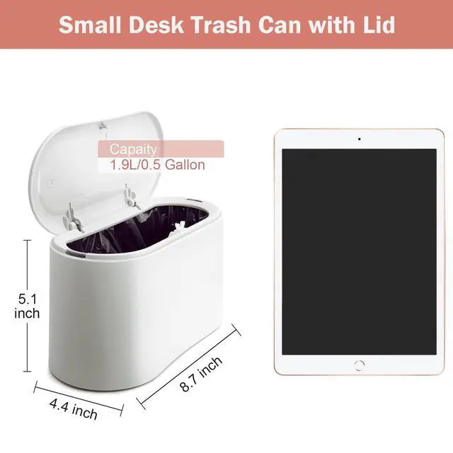 Alt view image 6 of 7 - Mini Desk Trash Can with Lid with 90 Pcs Trash Bag, Lint Bin 0.5 Gallon Countertop Waste Bin for Table Tiny Garbage Can for Office Bedroom (White)