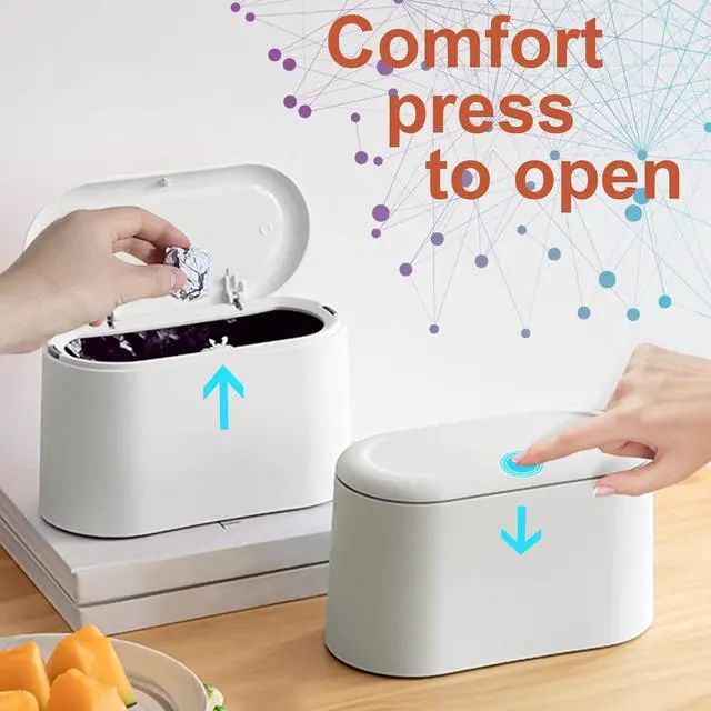 Alt view image 5 of 7 - Mini Desk Trash Can with Lid with 90 Pcs Trash Bag, Lint Bin 0.5 Gallon Countertop Waste Bin for Table Tiny Garbage Can for Office Bedroom (White)