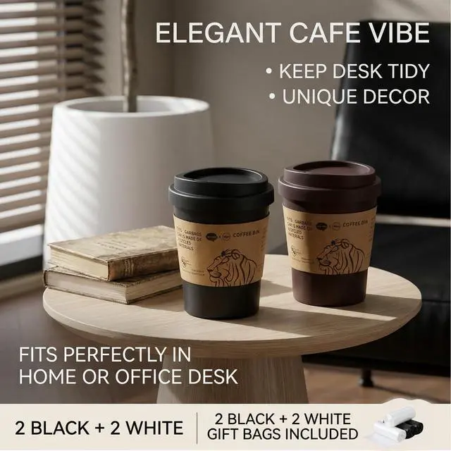 Alt view image 4 of 6 - Mini Desktop Trash Can for Desk with Swing Lid and 120 Trash Bags, Small table Top Plastic Waste Bin for Desk, Creative Countertop Trash Can Wastebasket for Coffee Table, Vanity, Office (Brown)
