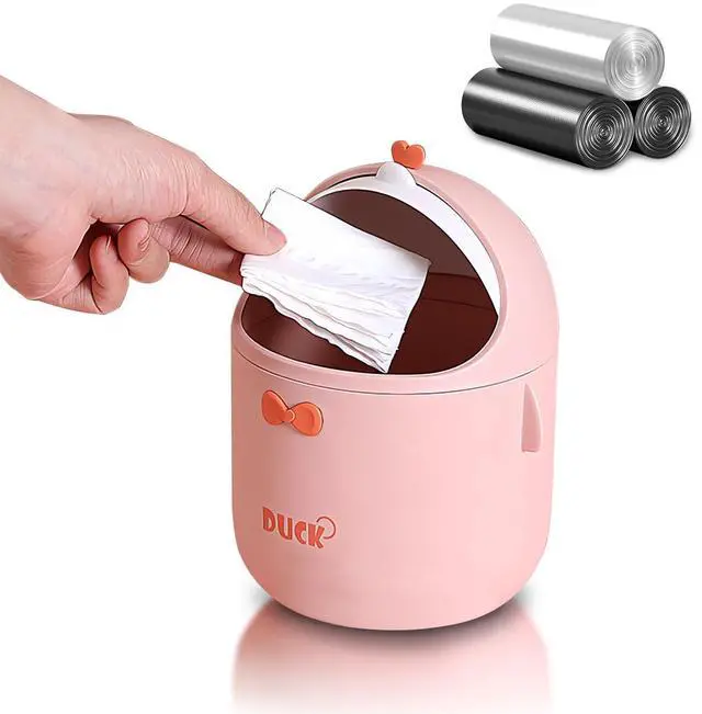 Main image of Cute Desktop Trash Can Wastebasket with 90 Trash Bags, Creative Mini Countertop Garbage Can with Lid, Small Plastic Storage Bin for Home Kitchen Dressing Office Kids Bedroom(Pink)