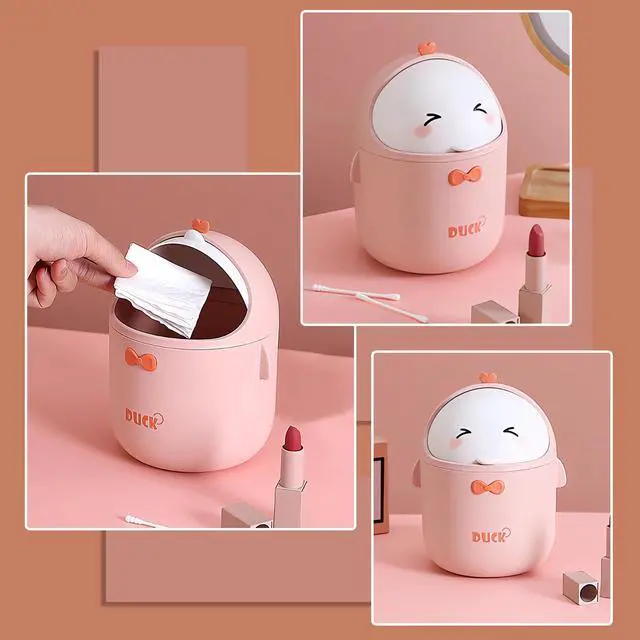 Alt view image 5 of 7 - Cute Desktop Trash Can Wastebasket with 90 Trash Bags, Creative Mini Countertop Garbage Can with Lid, Small Plastic Storage Bin for Home Kitchen Dressing Office Kids Bedroom(Pink)