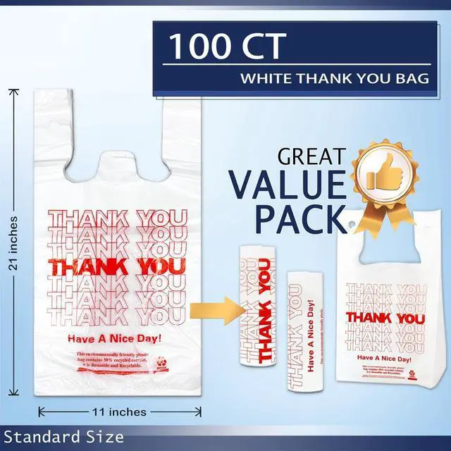Alt view image 3 of 7 - 100 Count White Thank You T-Shirt Bags, 11 x 6 x 21 in