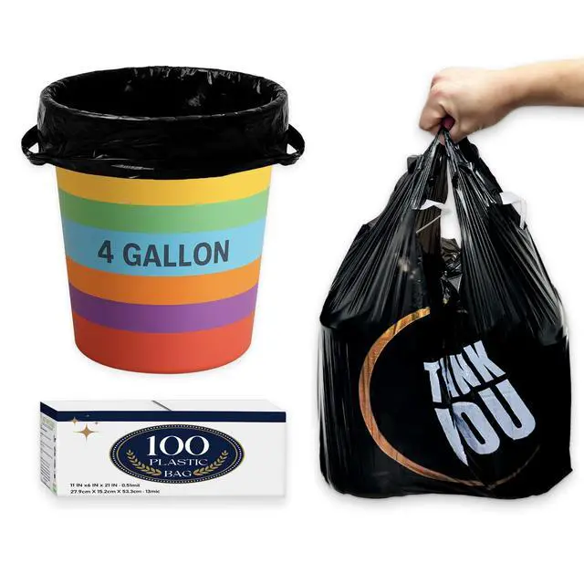 Main image of 4 Gallon Small Black Trash Bags with Handles 100 Count, 11" x 21" Plastic Garbage Bags for Home, Kitchen, Office, Bathroom Thank You T-Shirt Style Bags for Small Business, Takeout, Grocery Use