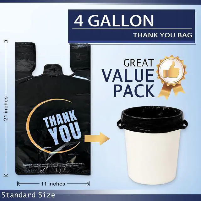 Alt view image 2 of 4 - 4 Gallon Small Black Trash Bags with Handles 100 Count, 11" x 21" Plastic Garbage Bags for Home, Kitchen, Office, Bathroom Thank You T-Shirt Style Bags for Small Business, Takeout, Grocery Use