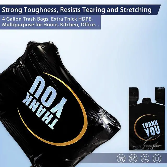 Alt view image 4 of 4 - 4 Gallon Small Black Trash Bags with Handles 100 Count, 11" x 21" Plastic Garbage Bags for Home, Kitchen, Office, Bathroom Thank You T-Shirt Style Bags for Small Business, Takeout, Grocery Use