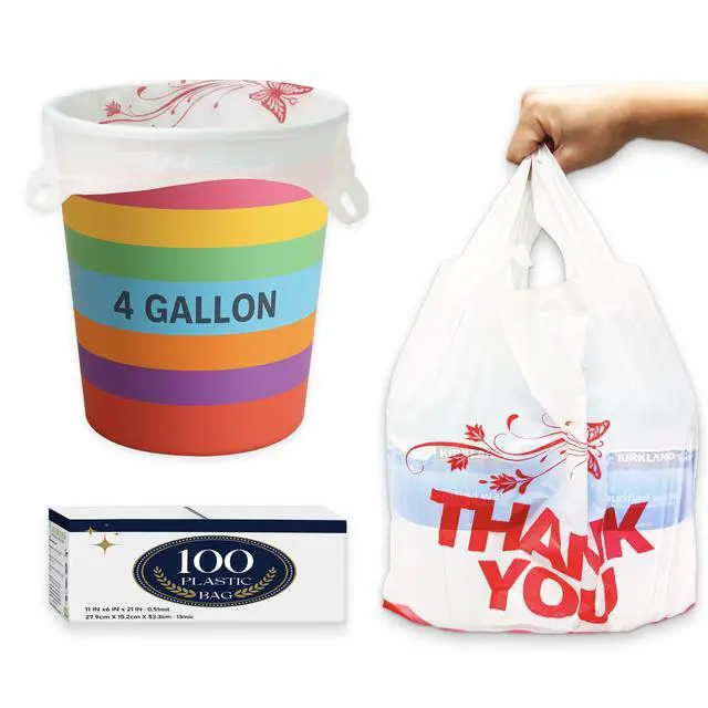 Main image of 4 Gallon Small Trash Bags with Handles 100 Count, 11" x 21" Plastic Garbage Bags for Home, Kitchen, Office, Bathroom Thank You T-Shirt Style Bags for Small Business, Takeout, Grocery Use