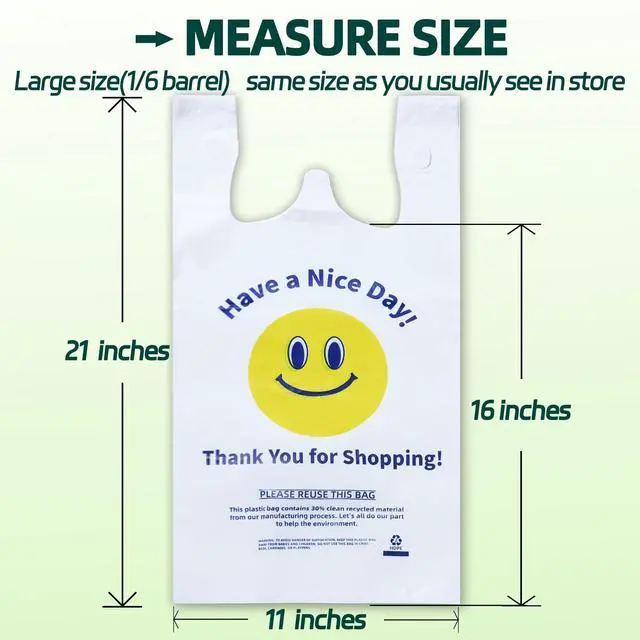 Alt view image 3 of 6 - 0.8Mil(20 Microns), 100 Count, Plastic Bags with Handles, T-Shirt bag, Thank You bags, Shopping Bag, Grocery Bag, |for Store, Carry, Pack|, White, 1/6 Barrel, Large 11"x6"x21", Heavy Duty