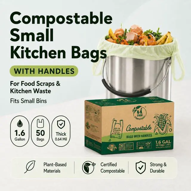 Alt view image 2 of 7 - 1.6 Gallon Compostable Trash Bags with Tie Handles, 50 Count Small Food Scrap Kitchen Compost Bags for Countertop Bin, Certified by BPI, CMA & OK compost HOME, Meets ASTM D6400