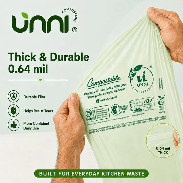 Alt view image 3 of 7 - 1.6 Gallon Compostable Trash Bags with Tie Handles, 50 Count Small Food Scrap Kitchen Compost Bags for Countertop Bin, Certified by BPI, CMA & OK compost HOME, Meets ASTM D6400