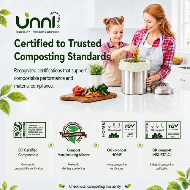 Alt view image 6 of 7 - 1.6 Gallon Compostable Trash Bags with Tie Handles, 50 Count Small Food Scrap Kitchen Compost Bags for Countertop Bin, Certified by BPI, CMA & OK compost HOME, Meets ASTM D6400