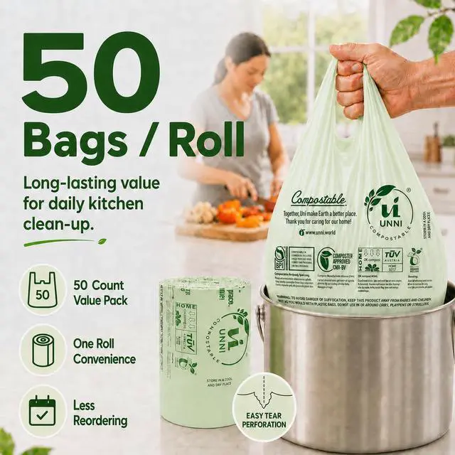 Alt view image 7 of 7 - 1.6 Gallon Compostable Trash Bags with Tie Handles, 50 Count Small Food Scrap Kitchen Compost Bags for Countertop Bin, Certified by BPI, CMA & OK compost HOME, Meets ASTM D6400